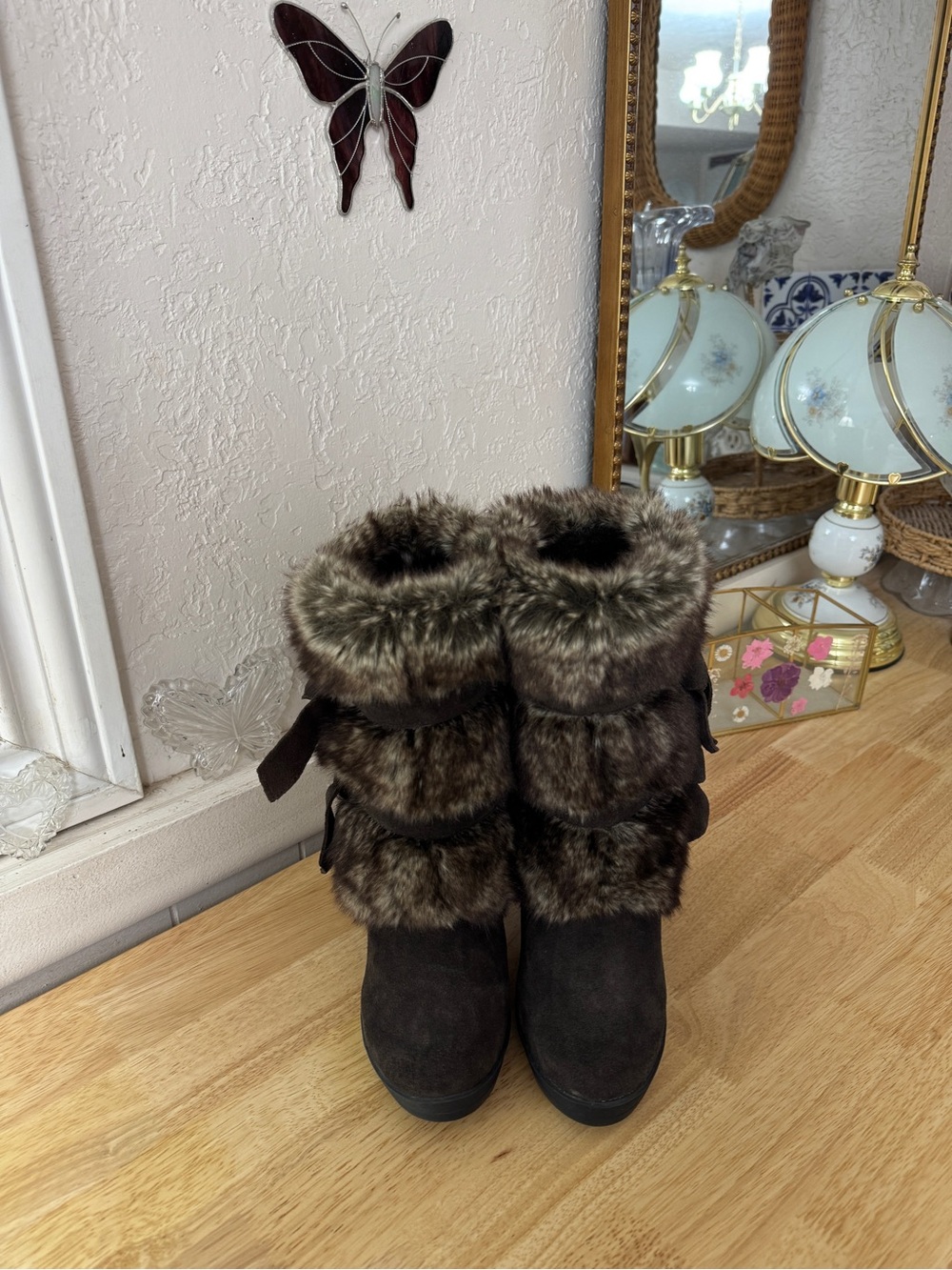 2000’s BEARPAW Brown Faux Fur Suede Chunky Heel Boots Size 5 Whimsigoth Y2K - Picture 12 of 13